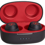 Outdoor Tech Pearls Wireless Earbuds - A pair of black wireless earbuds with a red logo on each bud, in an open case with a red interior.