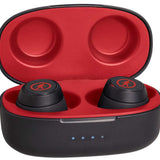 Outdoor Tech Pearls Wireless Earbuds - A pair of black wireless earbuds with a red logo on each bud, in an open case with a red interior.