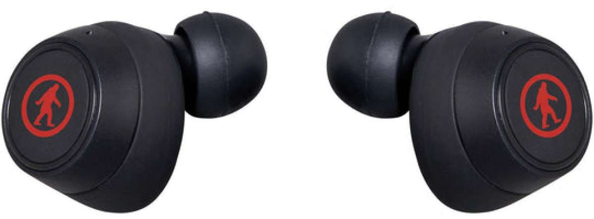 Outdoor Tech Pearls Wireless Earbuds - A pair of black wireless earbuds with a red logo featuring an outline of a person skiing.