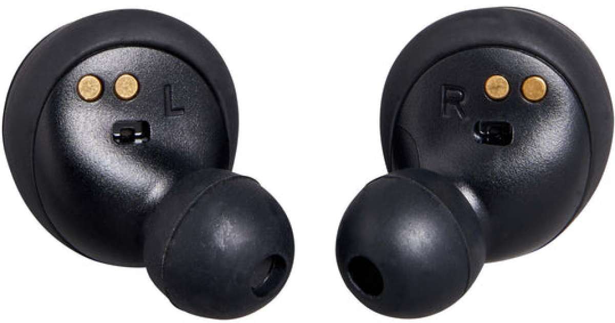 Outdoor Tech Pearls Wireless Earbuds - Black earbuds with gold accents and a black charging case.