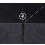 Outdoor Tech Twin Peaks Portable Speaker - A black rectangular speaker with a mesh front and angled top, featuring two small blue lights on its left side.