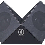Outdoor Tech Twin Peaks Portable Speaker - Gray speaker with a circular logo featuring an outline of a person hiking, and two speakers on either side.