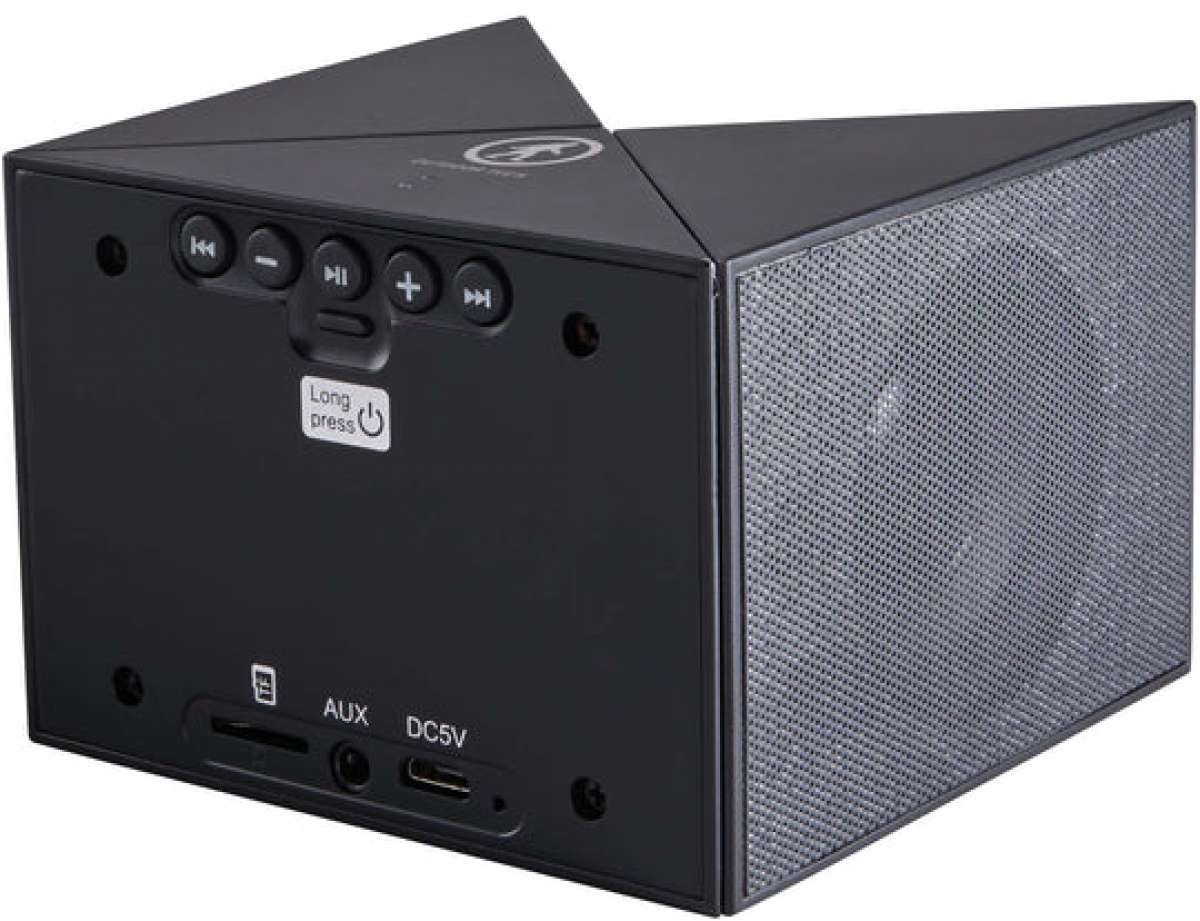 Outdoor Tech Twin Peaks Portable Speaker - Black speaker with white logo on top, angled to show front and side mesh grille.