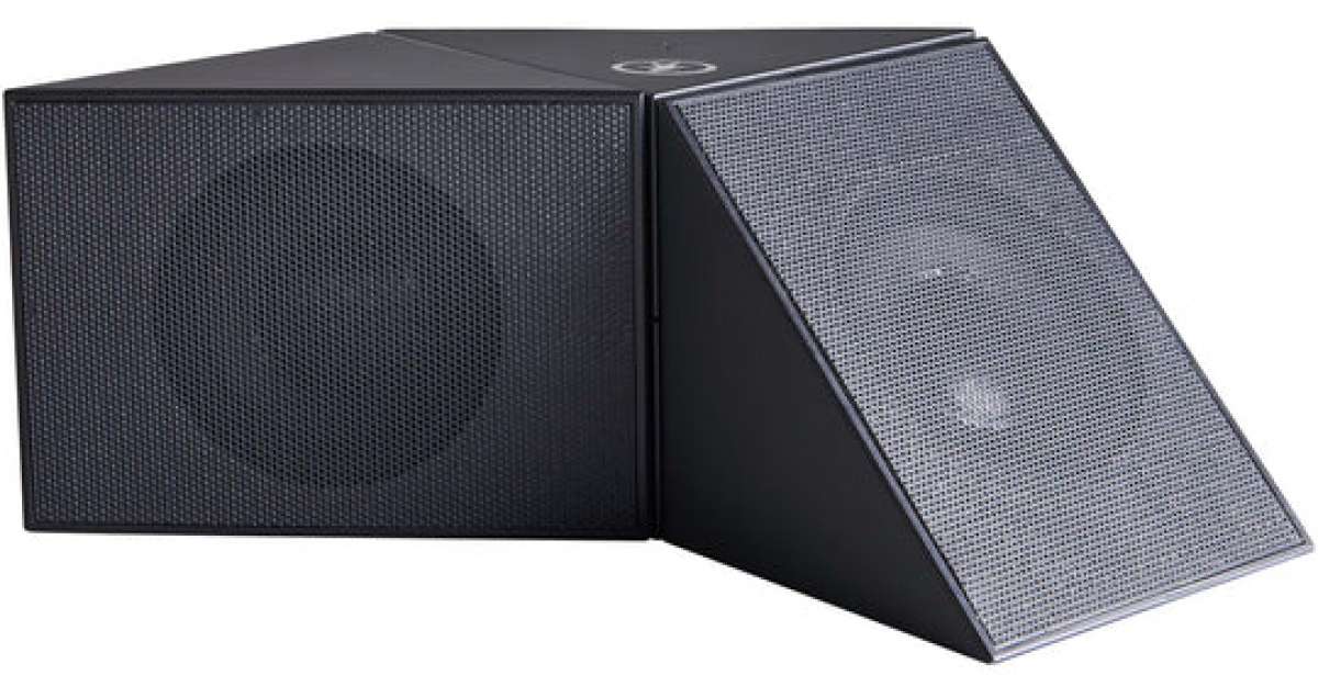 Outdoor Tech Twin Peaks Portable Speaker - A black rectangular speaker with a mesh front and back, angled to show both sides.