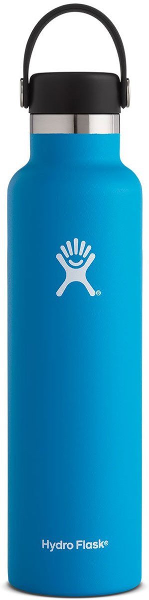 Hydro Flask - A water bottle with a standard mouth opening, featuring a screw-on lid and a cylindrical shape. The bottle is primarily blue in color.
