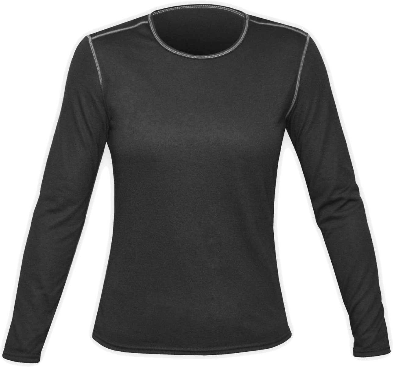 Hot Chillys Ladies' Pepper Skins Crew Top Baselayer - A black crew-neck top with a pepper skin pattern on the front and back, featuring thin white stripes along the shoulders.