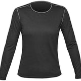 Hot Chillys Ladies' Pepper Skins Crew Top Baselayer - A black crew-neck top with a pepper skin pattern on the front and back, featuring thin white stripes along the shoulders.