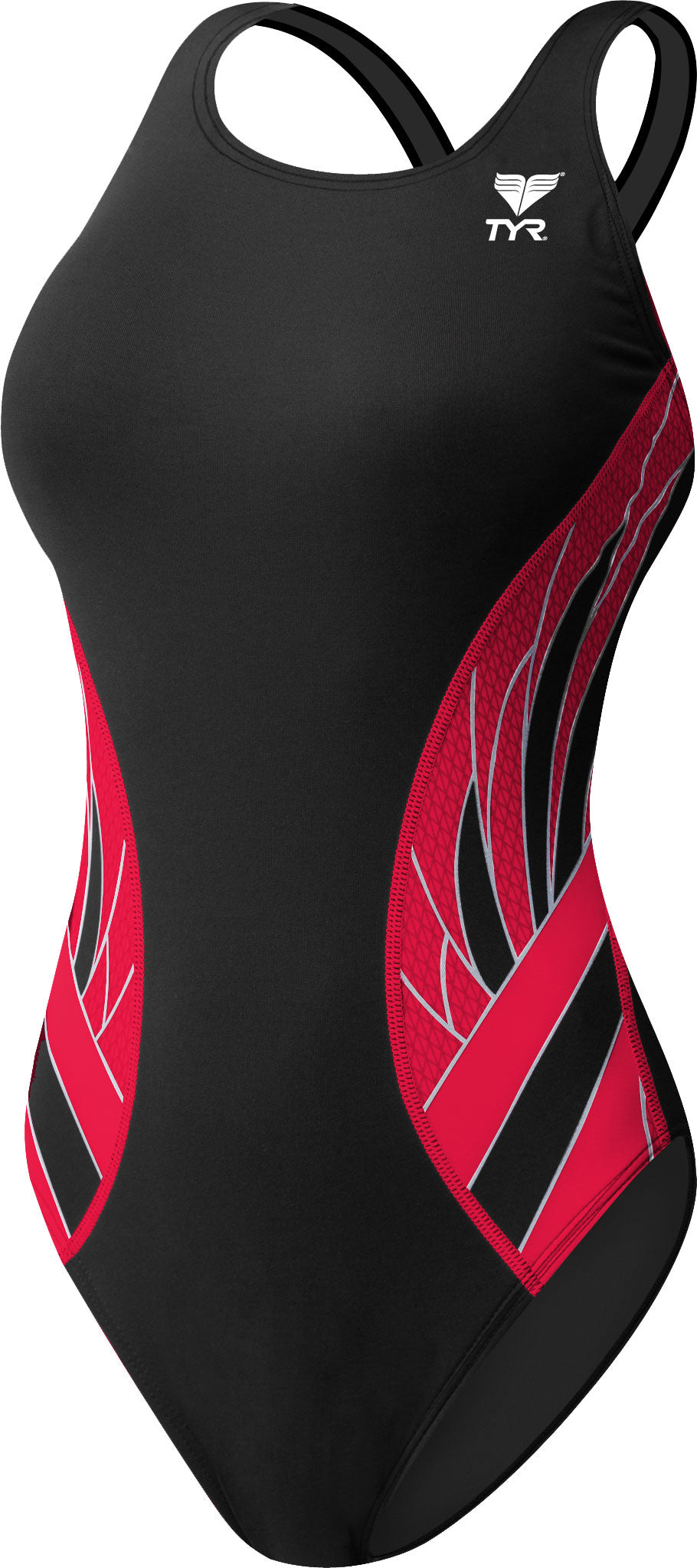 TYR Ladies' Phoenix Splice Max Fit One-Piece Swimsuit - A black one-piece swimsuit with a red and white geometric pattern on the sides.