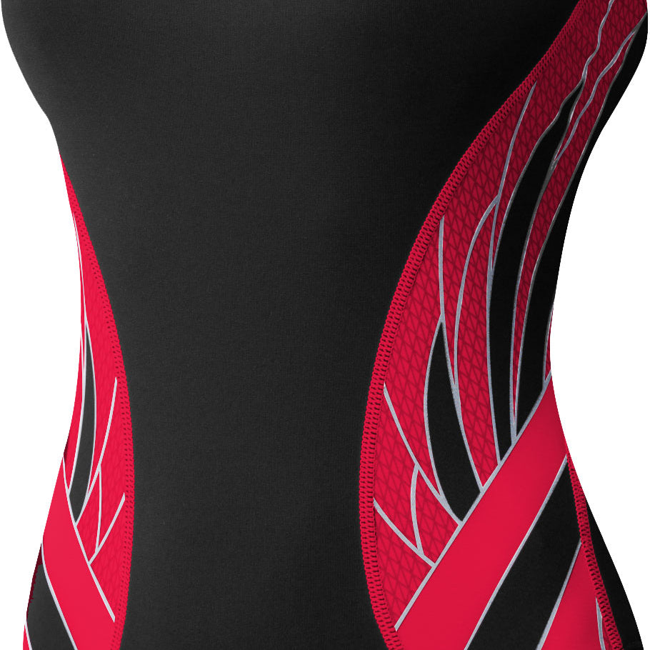 TYR Ladies' Phoenix Splice Max Fit One-Piece Swimsuit - A black one-piece swimsuit with a red and white geometric pattern on the sides.