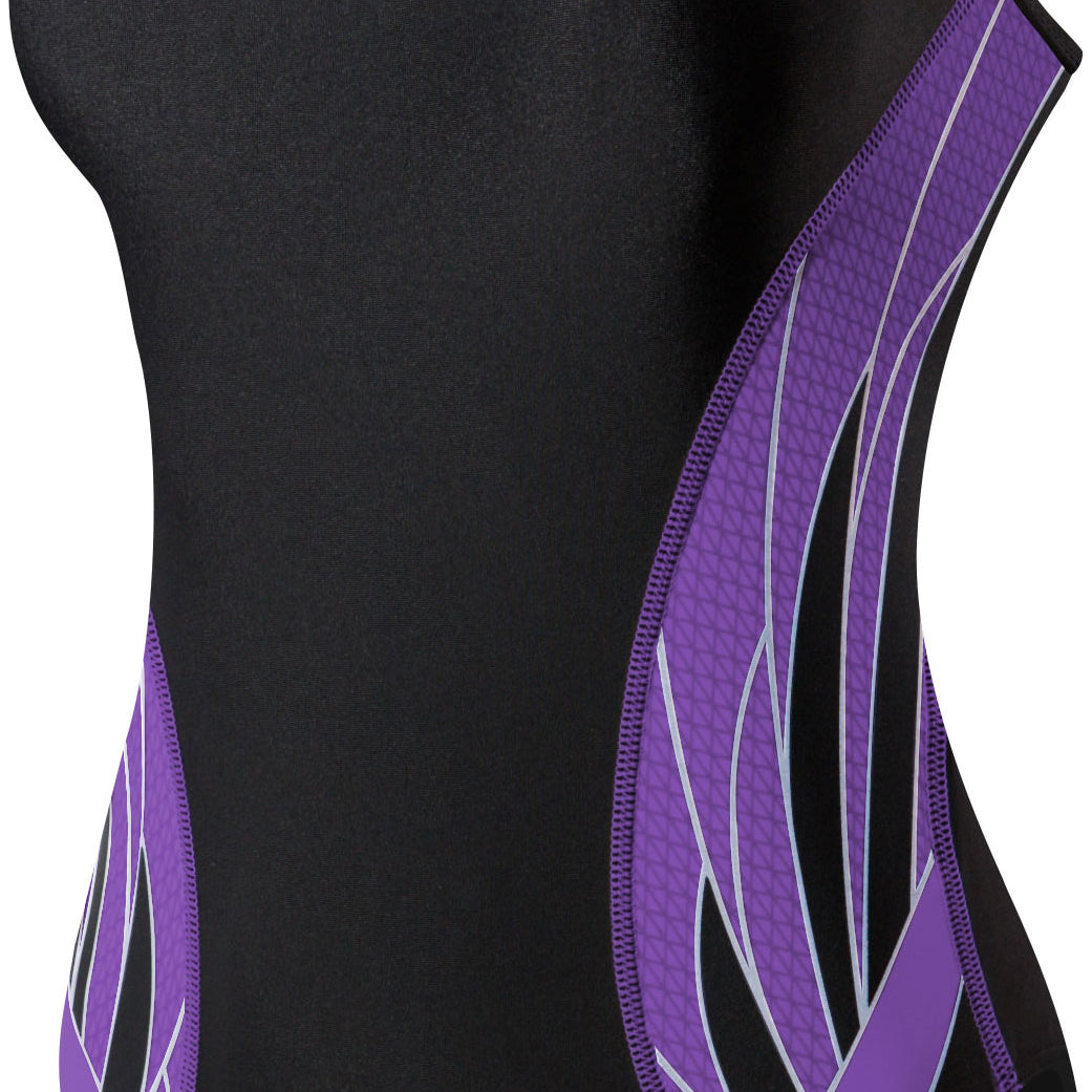 TYR Ladies' Phoenix Splice Diamondfit Swimsuit - A black swimsuit with a purple diamond pattern on the sides and back, featuring white accents.