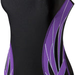 TYR Ladies' Phoenix Splice Diamondfit Swimsuit - A black swimsuit with a purple diamond pattern on the sides and back, featuring white accents.