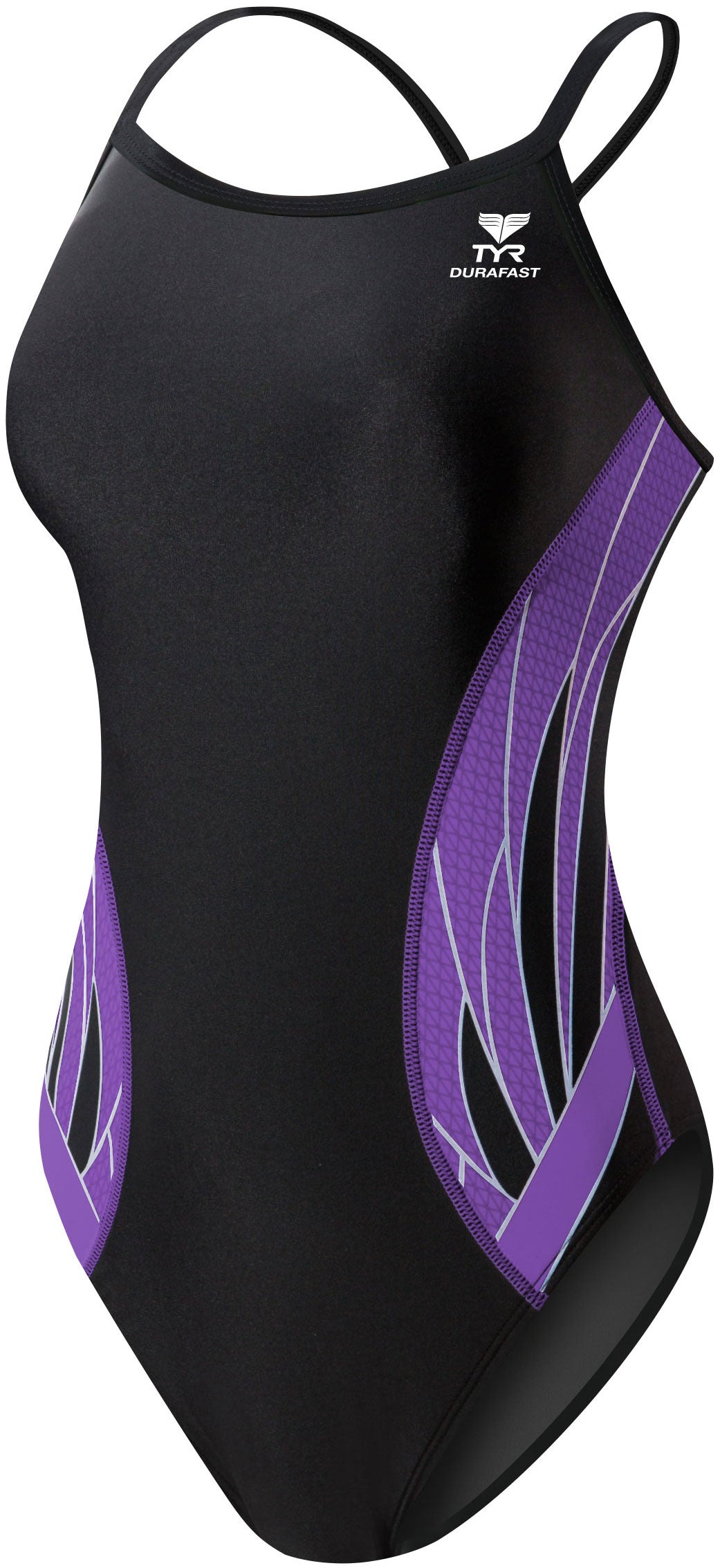 TYR Ladies' Phoenix Splice Diamondfit Swimsuit - A black swimsuit with a purple diamond pattern on the sides and back, featuring white accents.