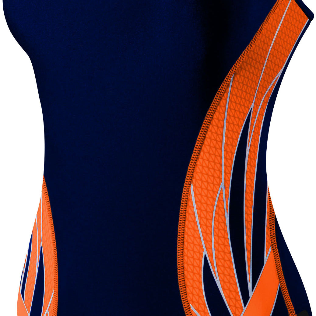 TYR Ladies' Phoenix Splice Diamondfit Swimsuit - A navy blue swimsuit with a diamond pattern on the sides and back, featuring orange accents and white trim.