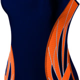 TYR Ladies' Phoenix Splice Diamondfit Swimsuit - A navy blue swimsuit with a diamond pattern on the sides and back, featuring orange accents and white trim.