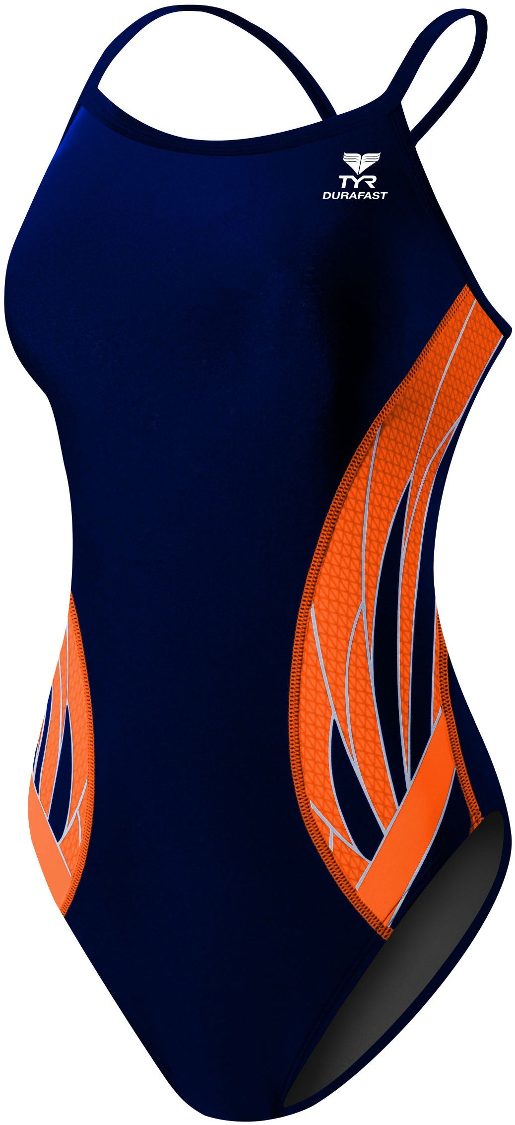 TYR Ladies' Phoenix Splice Diamondfit Swimsuit - A navy blue swimsuit with a diamond pattern on the sides and back, featuring orange accents and white trim.