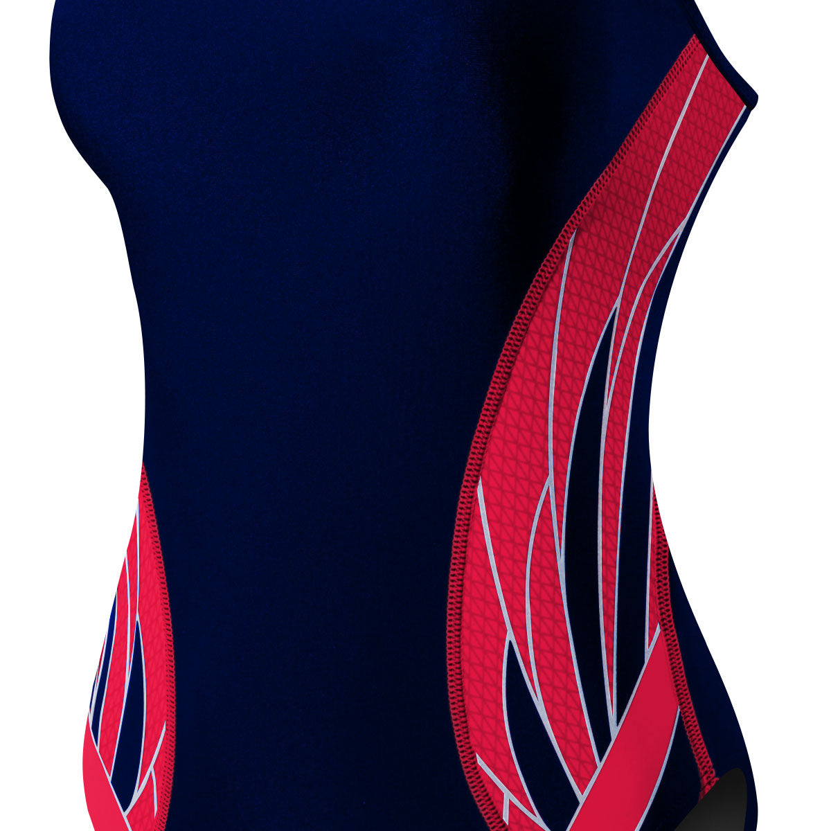 TYR Ladies' Phoenix Splice Diamondfit Swimsuit - A navy blue swimsuit with a diamond pattern in red and white on the sides.