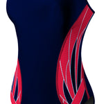 TYR Ladies' Phoenix Splice Diamondfit Swimsuit - A navy blue swimsuit with a diamond pattern in red and white on the sides.