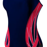 TYR Ladies' Phoenix Splice Diamondfit Swimsuit - A navy blue swimsuit with a diamond pattern in red and white on the sides.