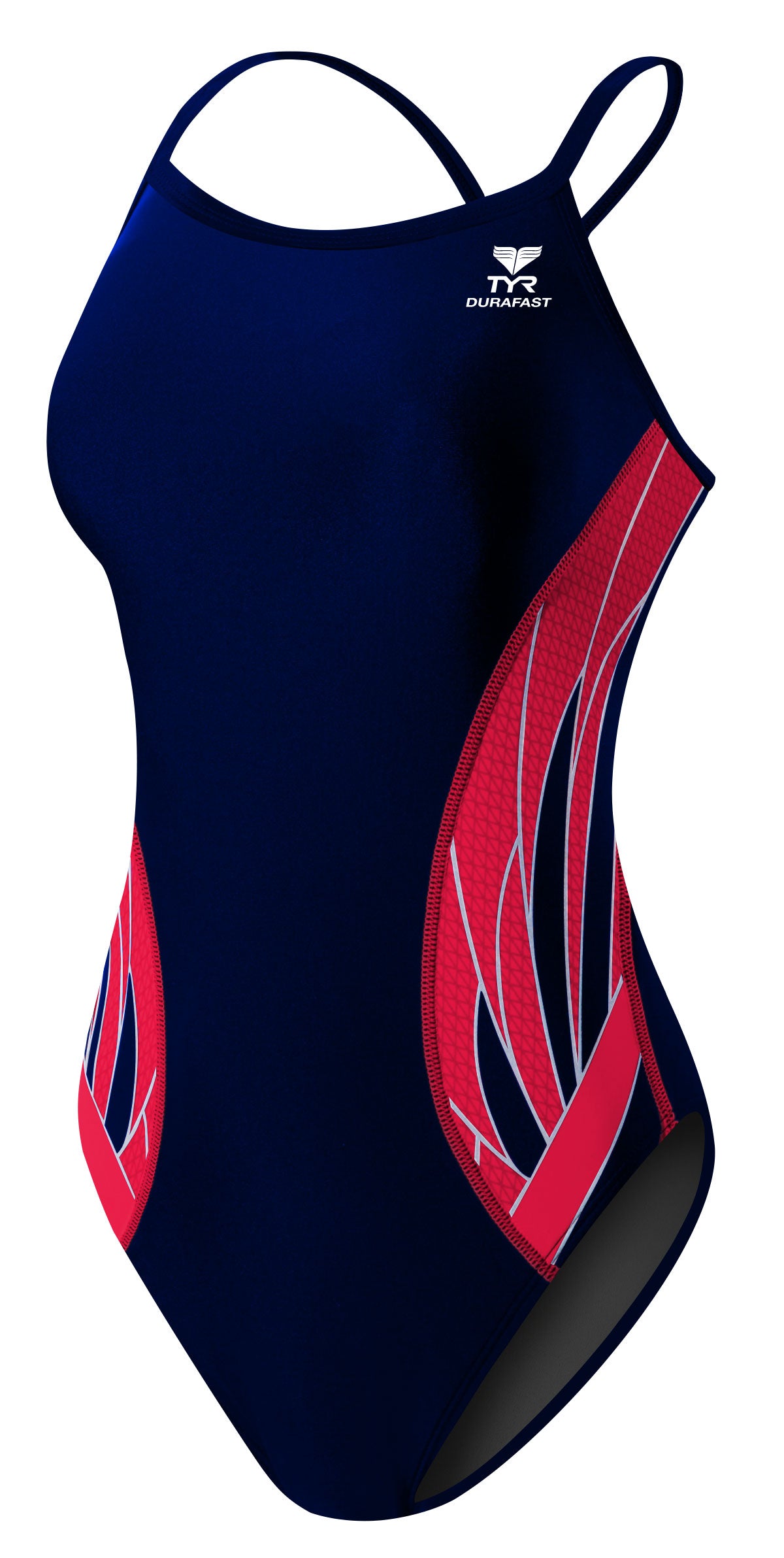 TYR Ladies' Phoenix Splice Diamondfit Swimsuit - A navy blue swimsuit with a diamond pattern in red and white on the sides.
