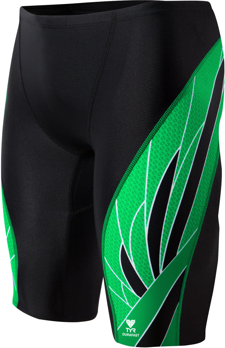 TYR Men's Phoenix Splice Jammer Swimsuit - A black swimsuit with a green and white patterned design on the left leg.