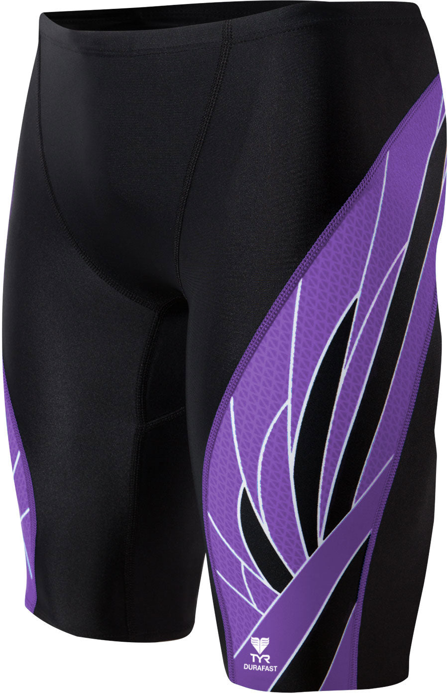 TYR Men's Phoenix Splice Jammer Swimsuit - A black swimsuit with a purple and white abstract pattern on the left leg.