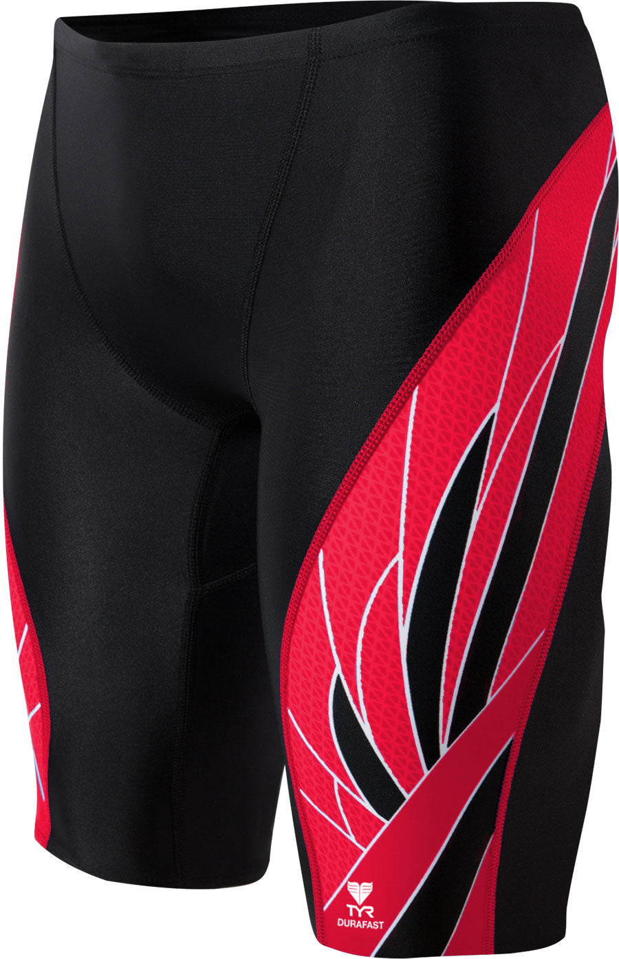 TYR Men's Phoenix Splice Jammer Swimsuit - A black swimsuit with a red and white abstract pattern on the left leg, featuring a diagonal stripe design.