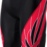 TYR Men's Phoenix Splice Jammer Swimsuit - A black swimsuit with a red and white abstract pattern on the left leg, featuring a diagonal stripe design.