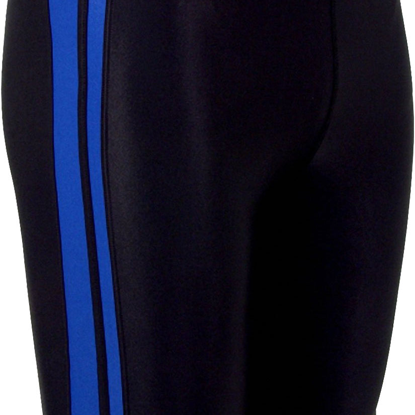 Water Pro Men's Poly Splice Striped Jammer Swimsuit - A black swimsuit with blue and white vertical stripes on the left side.