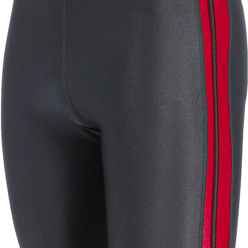 Water Pro Men's Poly Splice Striped Jammer Swimsuit - A black swimsuit with red and grey stripes on the side.