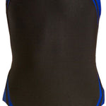 Water Pro Ladies' Poly Splice Team Swimsuit - A black swimsuit with blue and grey stripes on the sides.