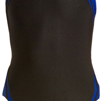 Water Pro Ladies' Poly Splice Team Swimsuit - A black swimsuit with blue and grey stripes on the sides.