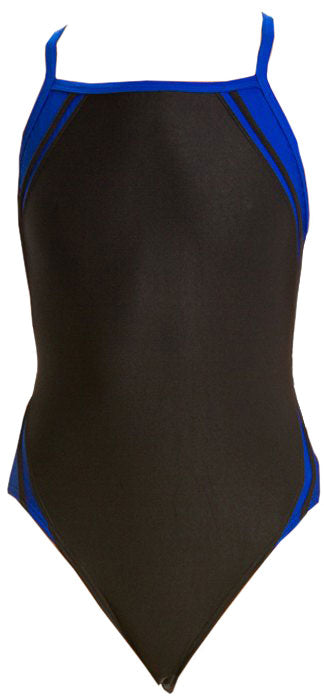 Water Pro Ladies' Poly Splice Team Swimsuit - A black swimsuit with blue and grey stripes on the sides.