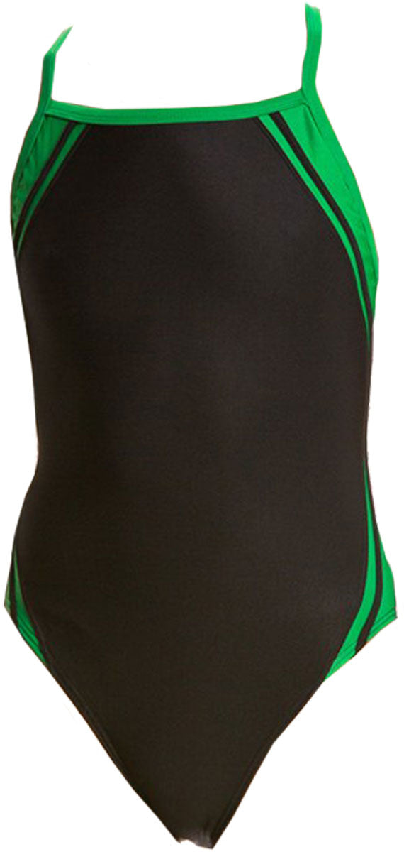 Water Pro Ladies' Poly Splice Team Swimsuit - Black swimsuit with green and black stripes on the sides.