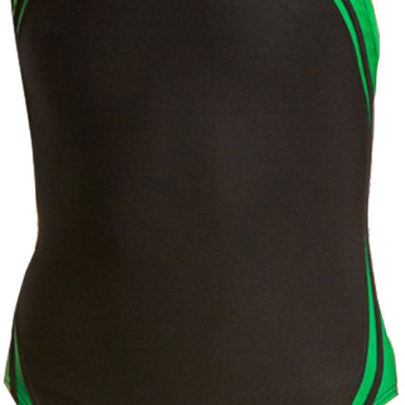 Water Pro Ladies' Poly Splice Team Swimsuit - Black swimsuit with green and black stripes on the sides.