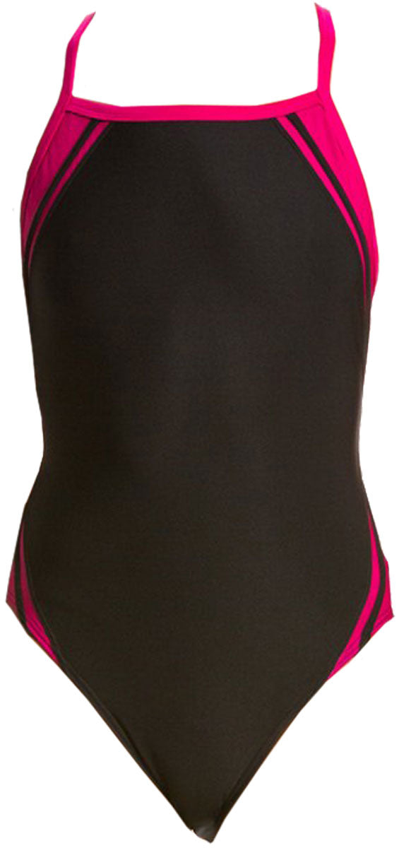 Water Pro Ladies' Poly Splice Team Swimsuit - A black swimsuit with pink and dark gray stripes on the sides.