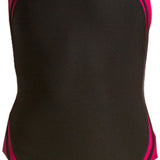 Water Pro Ladies' Poly Splice Team Swimsuit - A black swimsuit with pink and dark gray stripes on the sides.