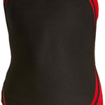 Water Pro Ladies' Poly Splice Team Swimsuit - Black swimsuit with red and black stripes on the sides.