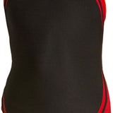 Water Pro Ladies' Poly Splice Team Swimsuit - Black swimsuit with red and black stripes on the sides.