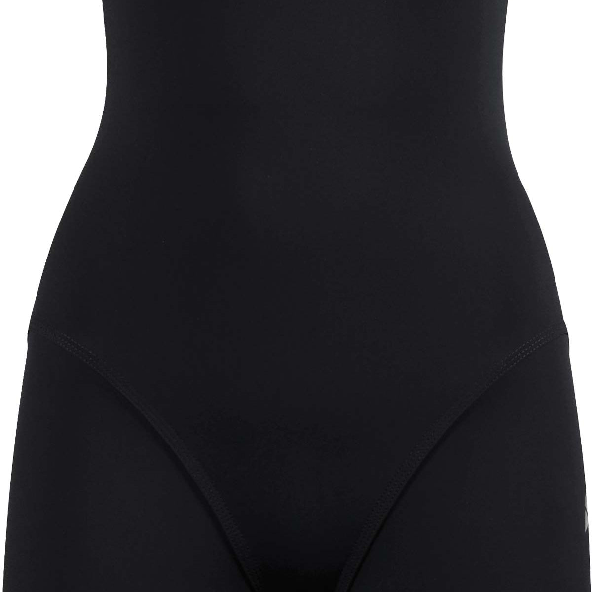Arena Ladies' Powerskin ST Short Leg Kneeskin Swimsuit - A black swimsuit with a high neckline and thin straps, featuring a distinctive short leg design that ends just above the knee.