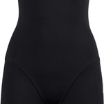 Arena Ladies' Powerskin ST Short Leg Kneeskin Swimsuit - A black swimsuit with a high neckline and thin straps, featuring a distinctive short leg design that ends just above the knee.