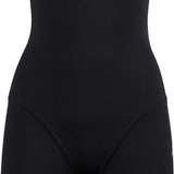 Arena Ladies' Powerskin ST Short Leg Kneeskin Swimsuit - A black swimsuit with a high neckline and thin straps, featuring a distinctive short leg design that ends just above the knee.