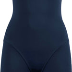 Arena Ladies' Powerskin ST Short Leg Kneeskin Swimsuit - A dark blue swimsuit with a high neckline and thin straps, featuring a distinctive short leg design that ends just above the knee.