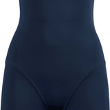 Arena Ladies' Powerskin ST Short Leg Kneeskin Swimsuit - A dark blue swimsuit with a high neckline and thin straps, featuring a distinctive short leg design that ends just above the knee.