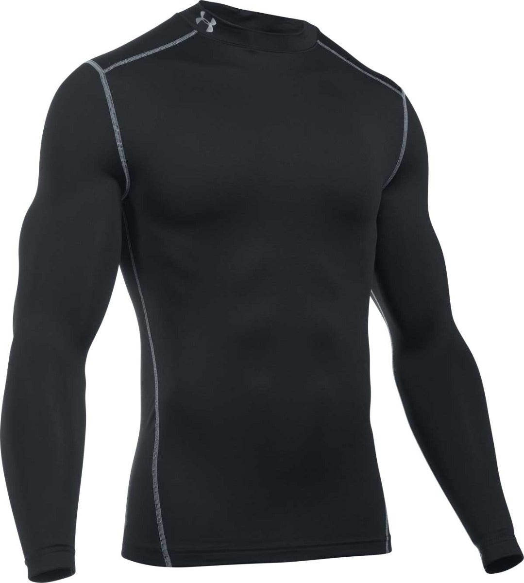 Under Armour Men's ColdGear Armour Compression Mock Neck Baselayer - A black long-sleeved shirt with a mock neck and compression fit, featuring white accents on the shoulders and chest.