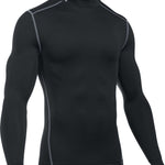 Under Armour Men's ColdGear Armour Compression Mock Neck Baselayer - A black long-sleeved shirt with a mock neck and compression fit, featuring white accents on the shoulders and chest.