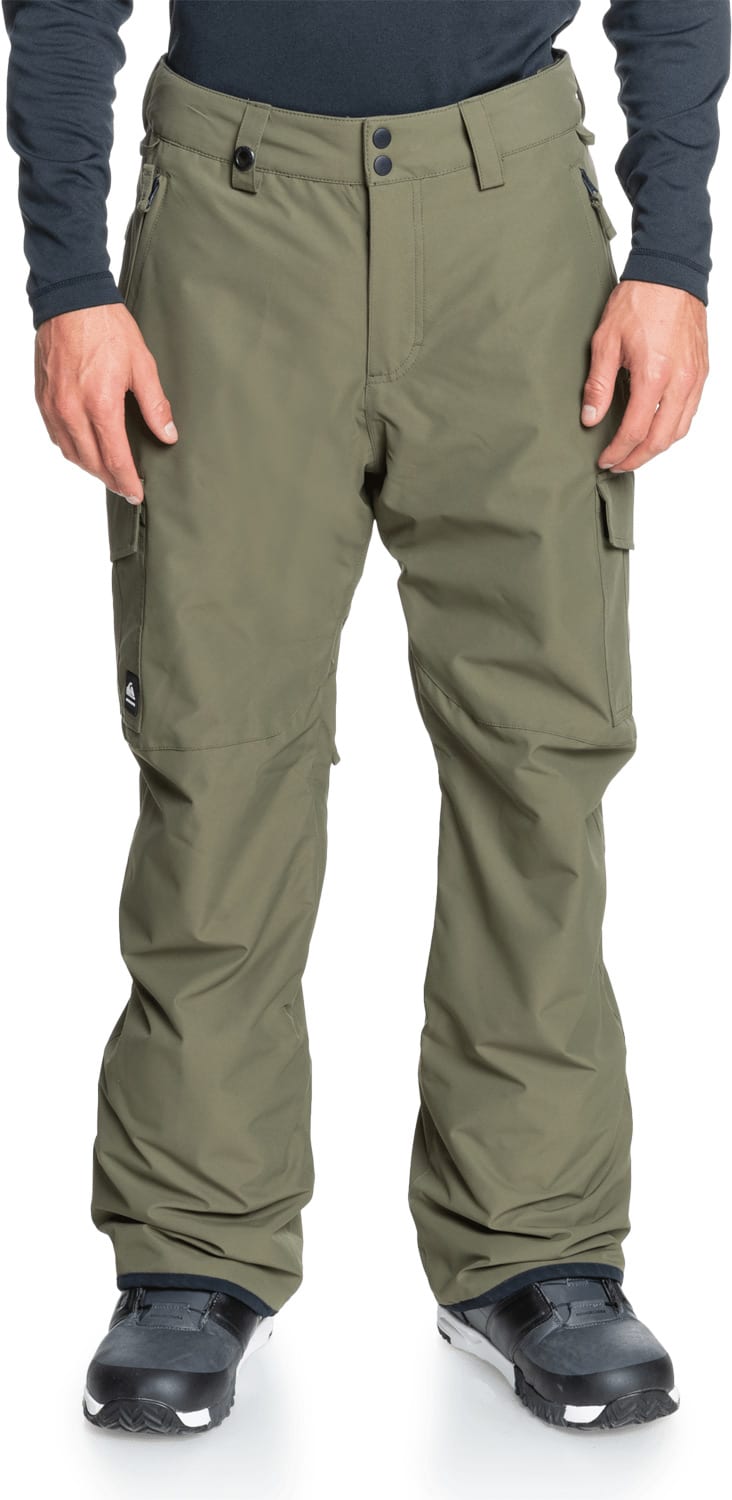 Quiksilver Porter Insulated Pants - Olive green pants with zippered pockets and a black logo on the left leg.