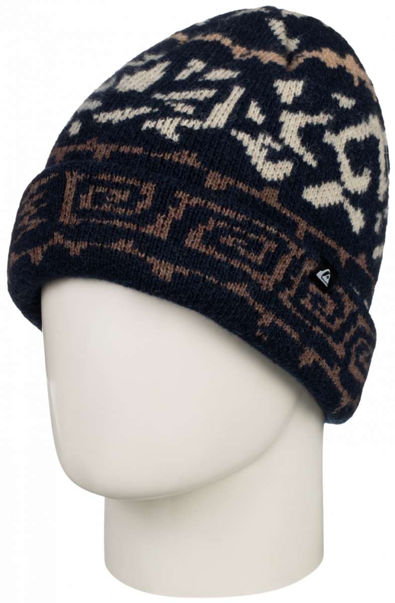 Quiksilver Archive Beanie 2024 - A navy blue beanie with a white and tan geometric pattern on top.