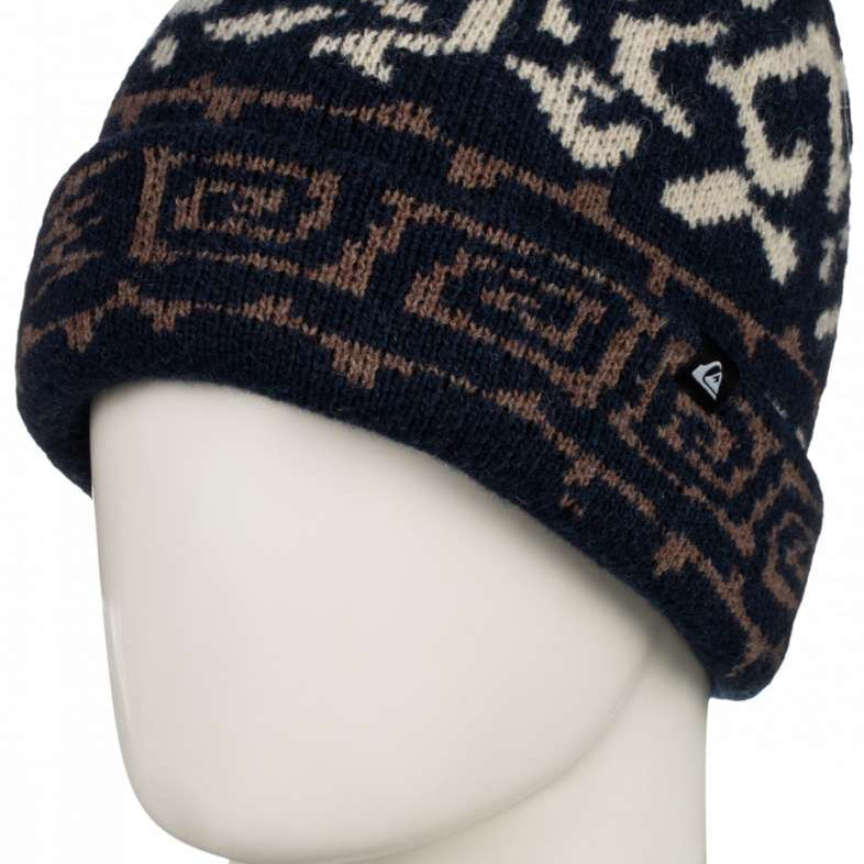 Quiksilver Archive Beanie 2024 - A navy blue beanie with a white and tan geometric pattern on top.
