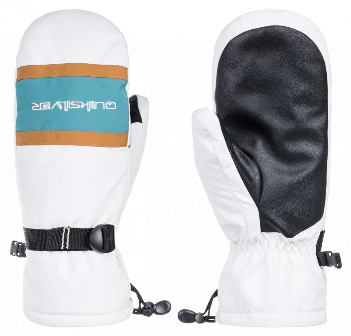 Quiksilver Broad Peak Mittens - Mittens are white with a teal logo on the back of one mitten and brown trim around the wrist strap.