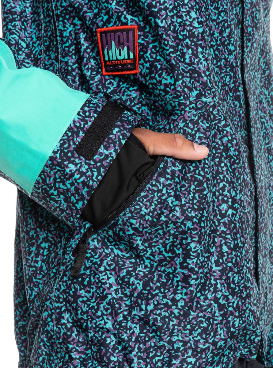 Quiksilver High Altitude 2L GORE-TEX Shell Jacket 2023 - A black jacket with a purple and teal abstract pattern, featuring a zippered chest pocket and a high collar.